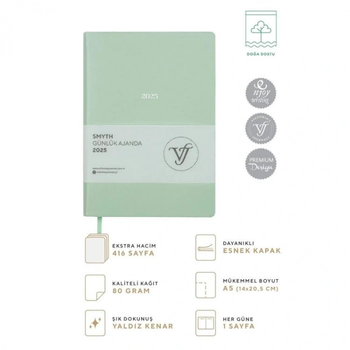 VICTORIAS JOURNALS 124-1478 14X20,5  SMYTH GÜMÜŞ YALDIZ KENARLI GÜNLÜK AJANDA A5 - SU YEŞİLİ