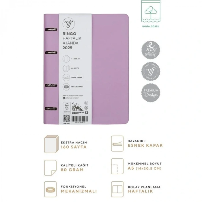 VICTORIAS JOURNALS 124-1441 14X20,5 RINGO MEKANİZMALI İÇİ DEĞİŞTİRİLEBİLİR HAFTALIK AJANDA - LİLA