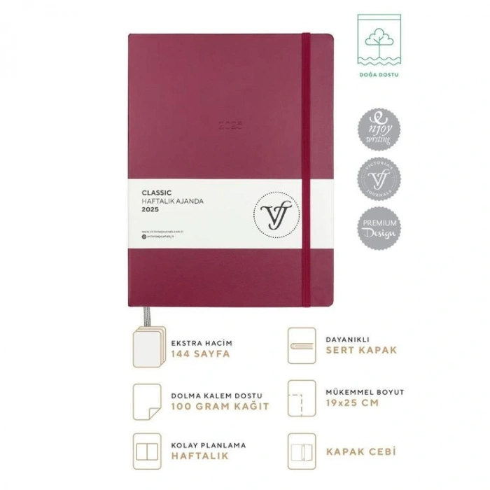 VICTORIAS JOURNALS 124-1403 19X25 SERT KAPAK LASTİKLİ CLASSIC HAFTALIK AJANDA - KIRMIZI