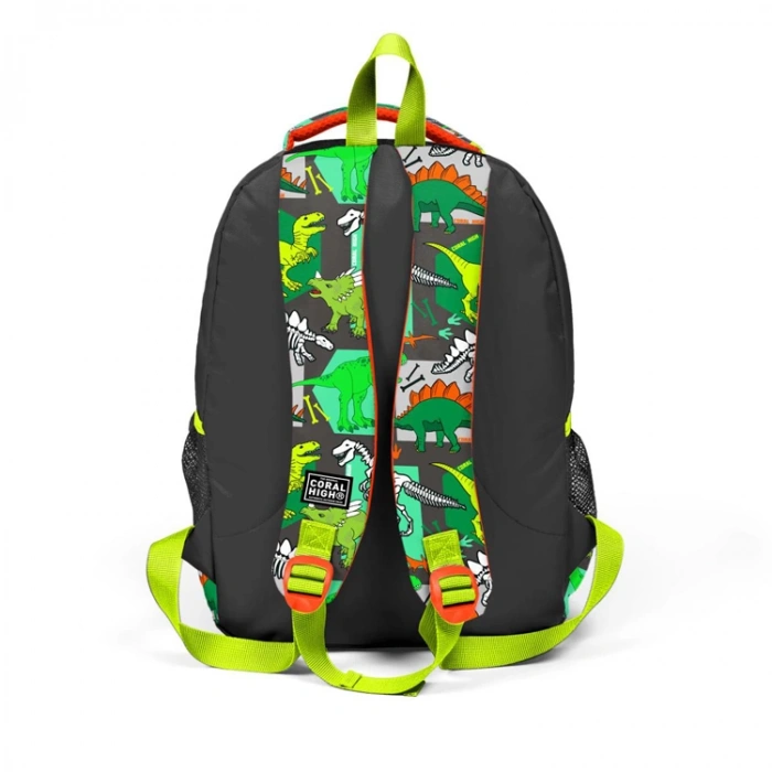 CORAL HIGH 14419 KIDS GRİ YEŞİL DİNOZOR DESENLİ ÜÇ BÖLMELİ SIRT ÇANTASI