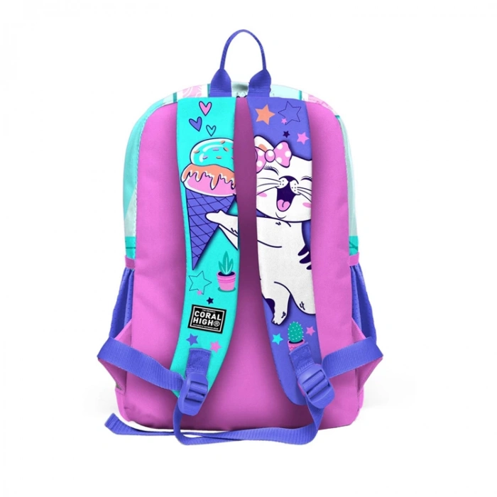 CORAL HIGH 23751 KIDS TURKUAZ PEMBE DONDURMALI KEDİ DESENLİ DÖRT BÖLMELİ SIRT ÇANTASI