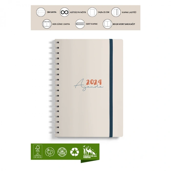 VICTORIAS JOURNALS 9210 14.8x21cm SERT KAPAK LASTİKLİ  SPİRALLİ GÜNLÜK AJANDA - BEJ