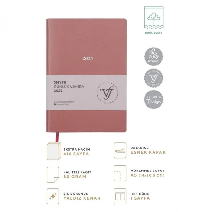 VICTORIAS JOURNALS 124-1475 14X20,5  SMYTH GÜMÜŞ YALDIZ KENARLI GÜNLÜK AJANDA A5 - GÜL KURUSU