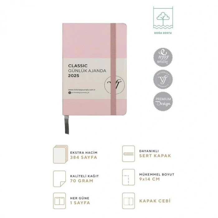 VICTORIAS JOURNALS 124-1489 9X14 CLASSIC LASTİKLİ GÜNLÜK AJANDA A5 - PEMBE