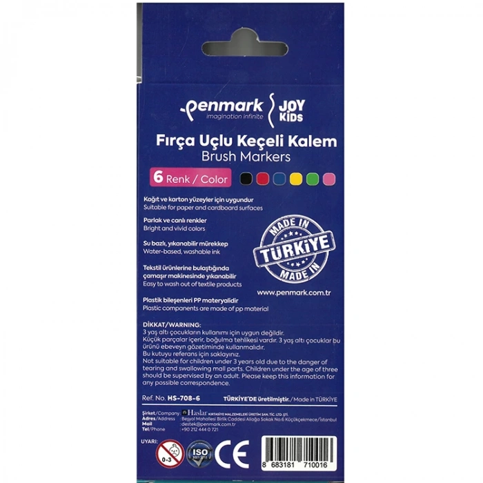 PENMARK HS-708-06 SÜPER YIKANABİLİR BRUSH FIRÇA UÇLU KEÇELİ KALEM 6 LI SET