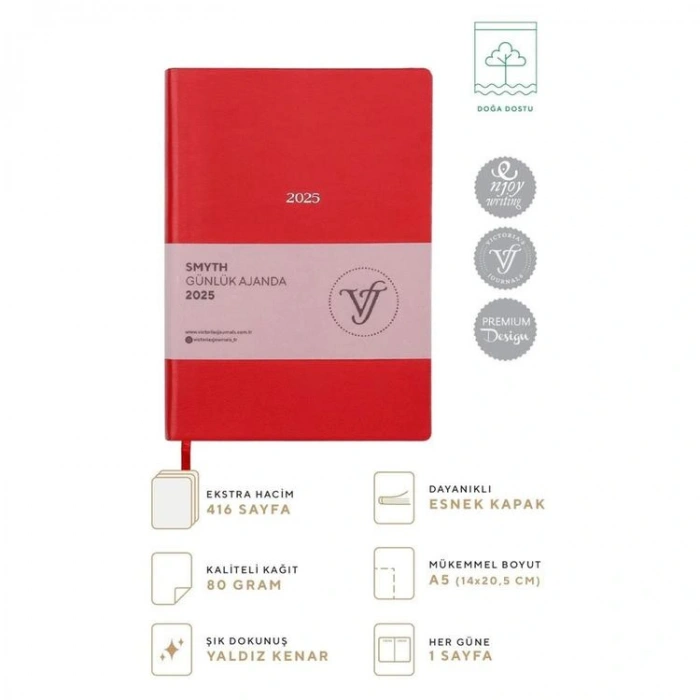 VICTORIAS JOURNALS 124-1479 14X20,5  SMYTH GÜMÜŞ YALDIZ KENARLI GÜNLÜK AJANDA A5 - KIRMIZI