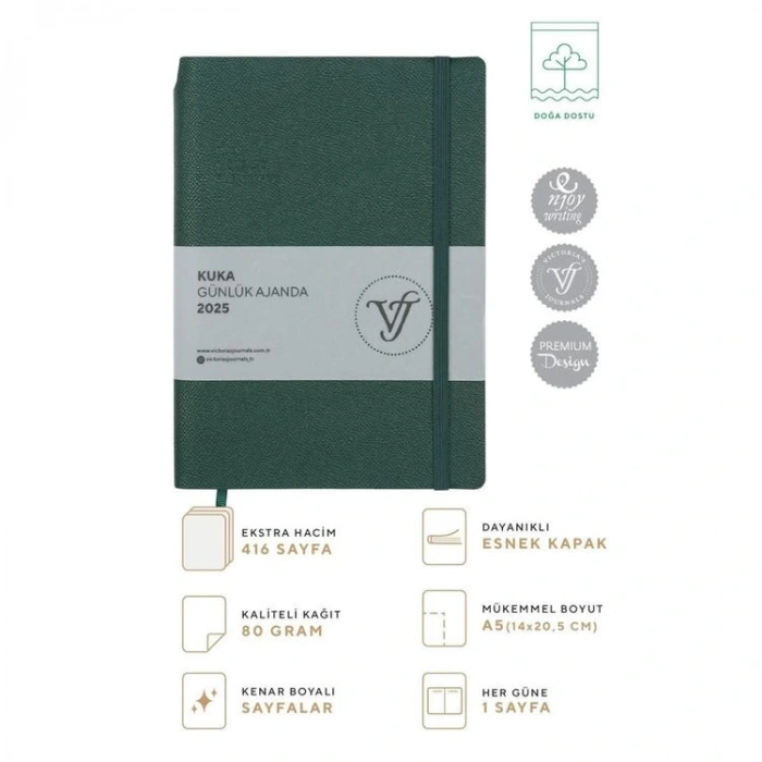 VICTORIAS JOURNALS 124-1462 14X20,5  KUKA GÜNLÜK AJANDA A5 - PETROL YEŞİLİ