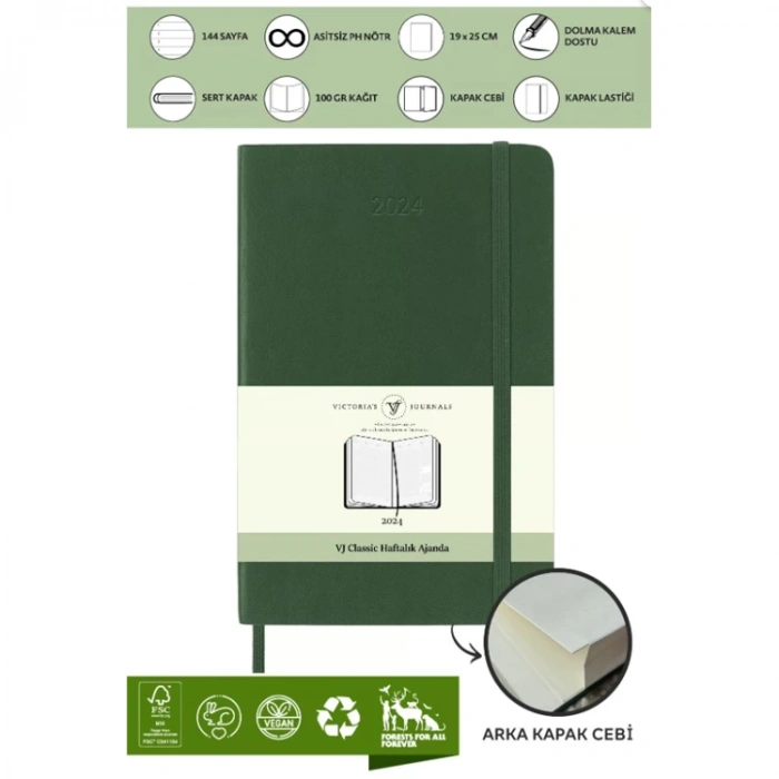 VICTORIAS JOURNALS 9149 19x25cm SERT KAPAK LASTİKLİ CEPLİ CLASSIC HAFTALIK AJANDA - YEŞİL