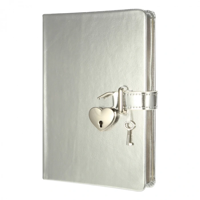 VICTORIAS JOURNALS 1026 13x18cm 80gr.160YP. HUSH-HUSH KUTULU KİLİTLİ ÇİZGİLİ DEFTER METALİK GÜMÜŞ