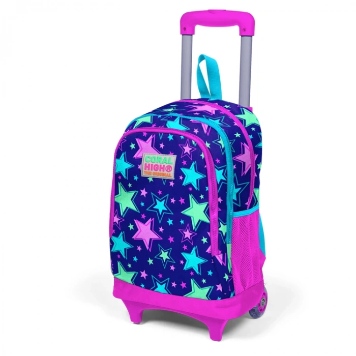 CORAL HIGH 23367 SAKS PEMBE YILDIZ DESENLİ IŞIKLI TEKERLEKLİ ÇEKÇEKLİ SIRT ÇANTASI