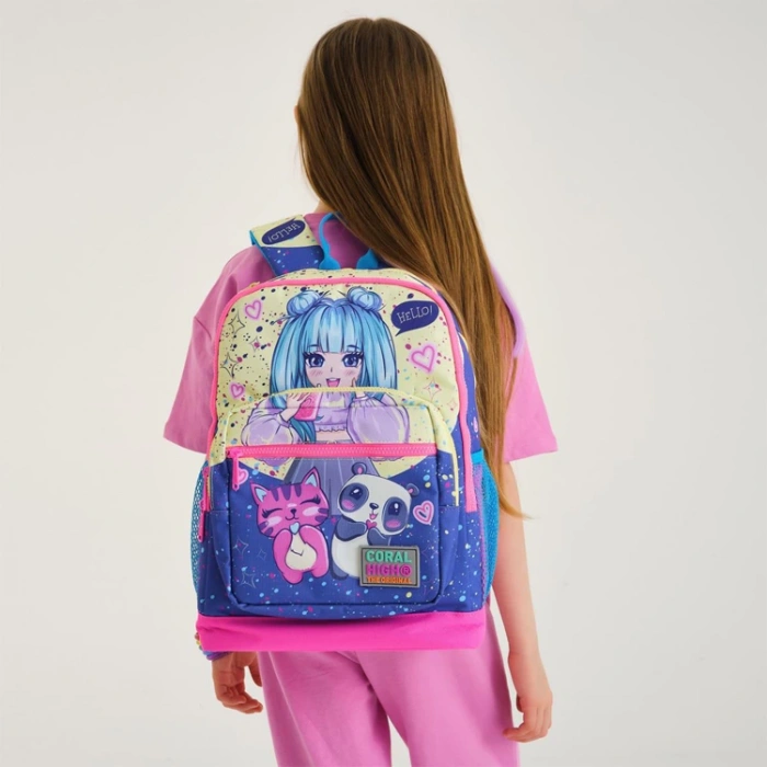 CORAL HIGH 23735 KİDS MOR PEMBE ANİME KIZ DESENLİ DÖRT BÖLMELİ SIRT ÇANTASI