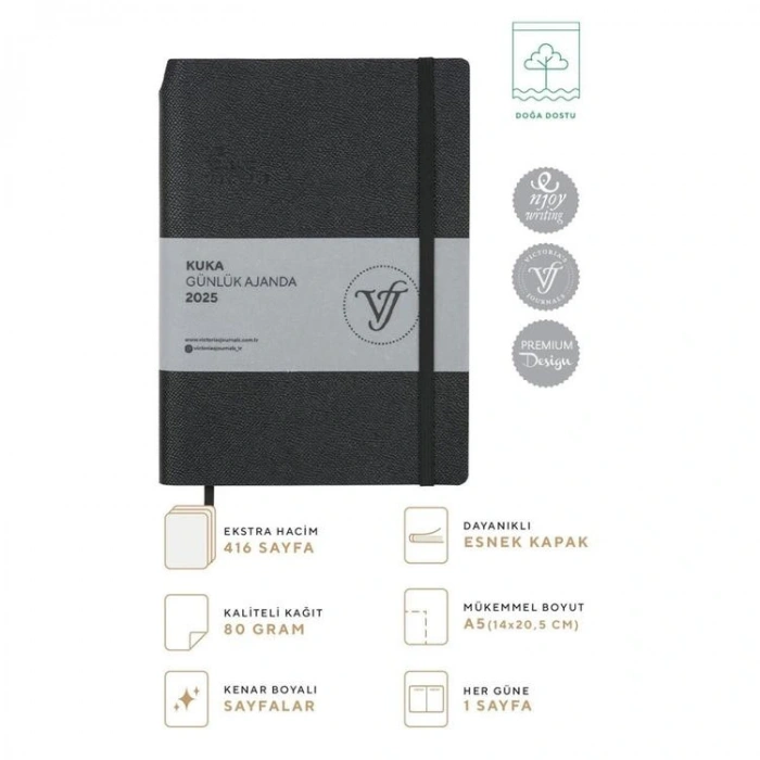 VICTORIAS JOURNALS 124-1459 14X20,5  KUKA GÜNLÜK AJANDA A5 - SİYAH