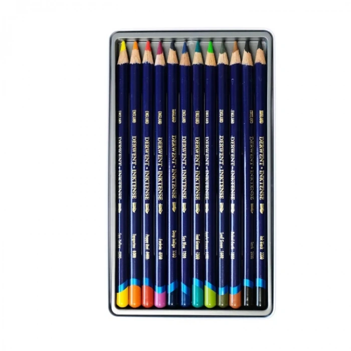 DERWENT INKTENSE MÜREKKEP BAZLI KURU - SULU BOYA KALEM SETİ 12 RENK TENEKE KUTU -  DW0700928