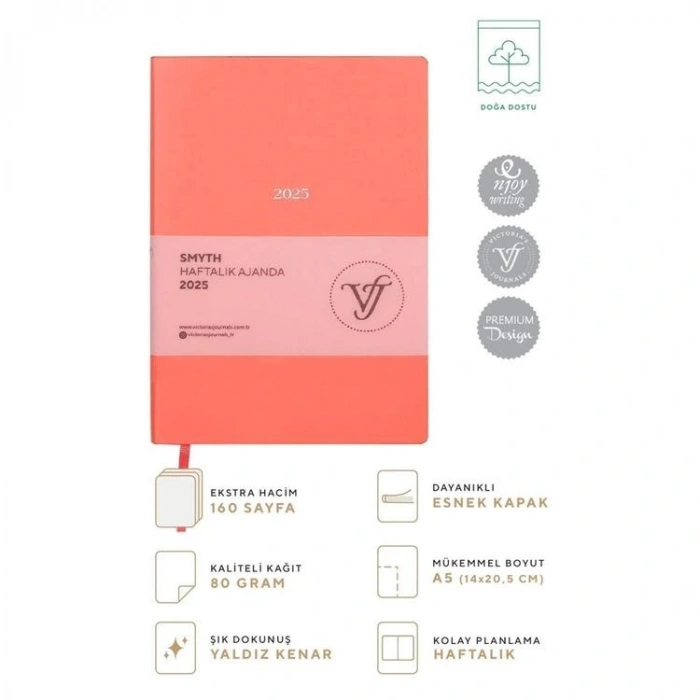 VICTORIAS JOURNALS 124-1422 14X20,5 SMYTH HAFTALIK AJANDA A5 - ŞEFTALİ RENGİ