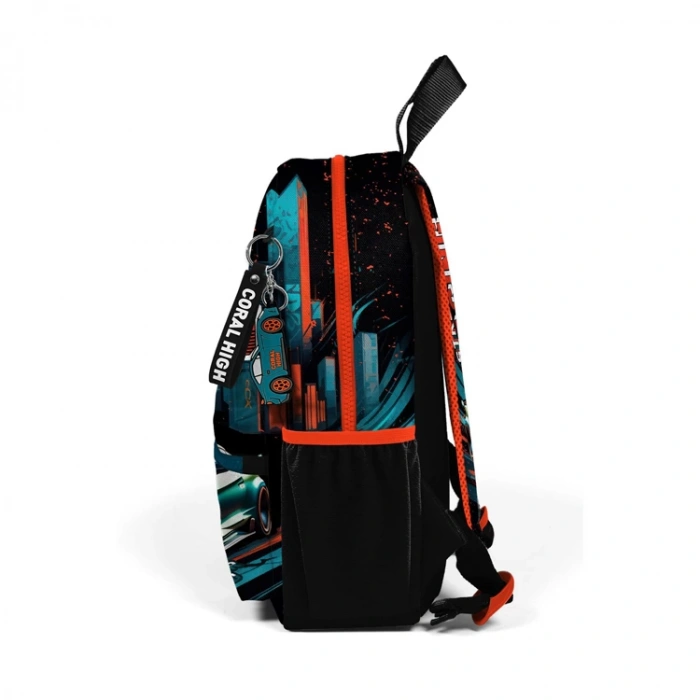 CORAL HIGH 23565 KIDS SİYAH NEFTİ YARIŞ ARABASI DESENLİ İKİ BÖLMELİ MİNİK YUVA SIRT ÇANTASI
