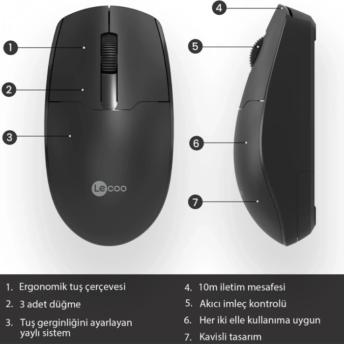 LENOVO LECOO WS204 1200 DPI 3 TUŞLU KABLOSUZ SİYAH MOUSE