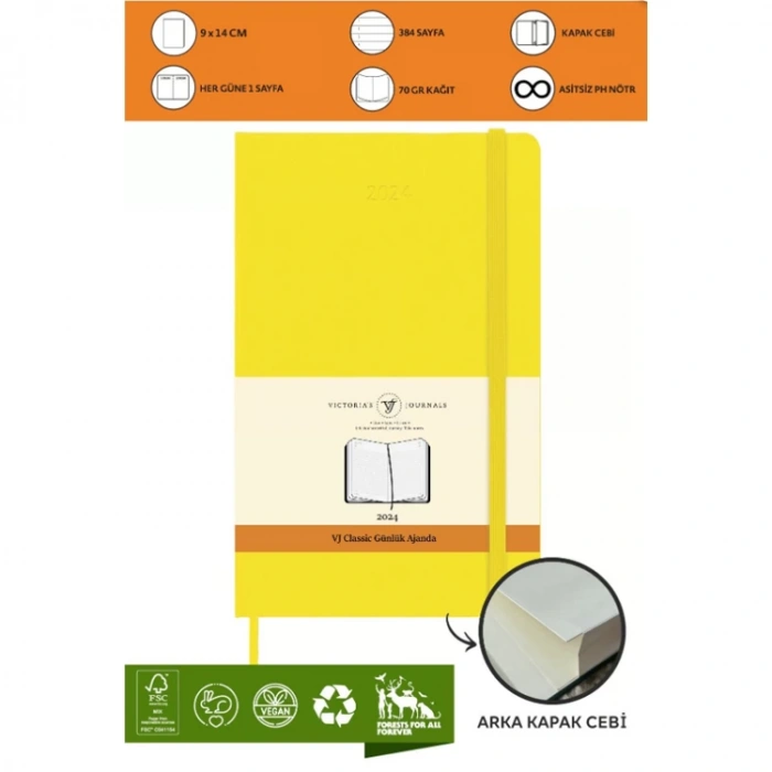 VICTORIAS JOURNALS 9191 9x14cm SERT KAPAK LASTİKLİ CEPLİ CLASSIC GÜNLÜK AJANDA - SARI