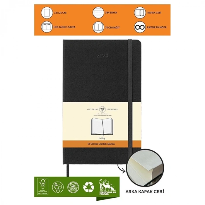 VICTORIAS JOURNALS 9169 13x21cm SERT KAPAK LASTİKLİ CEPLİ CLASSIC GÜNLÜK AJANDA - SİYAH