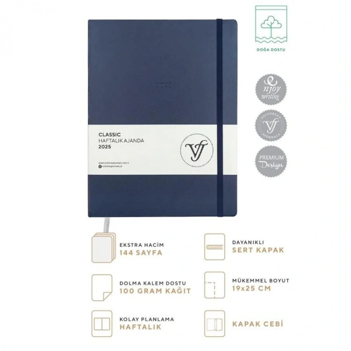 VICTORIAS JOURNALS 124-1402 19X25 SERT KAPAK LASTİKLİ CLASSIC HAFTALIK AJANDA - LACİVERT