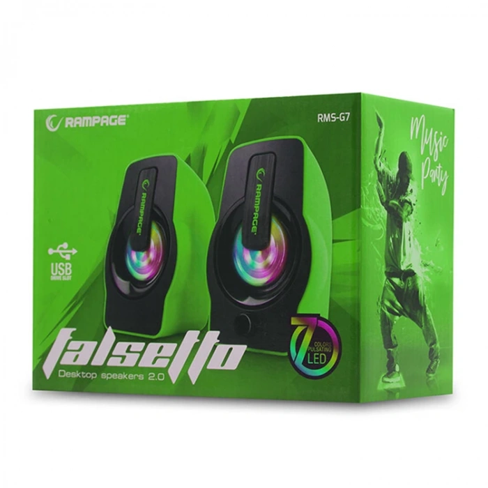 RAMPAGE RMS-G7  FALSETTO 2.0 6Watt RGB LEDLİ GAMING USB 1+1 HOPARLÖR YEŞİL
