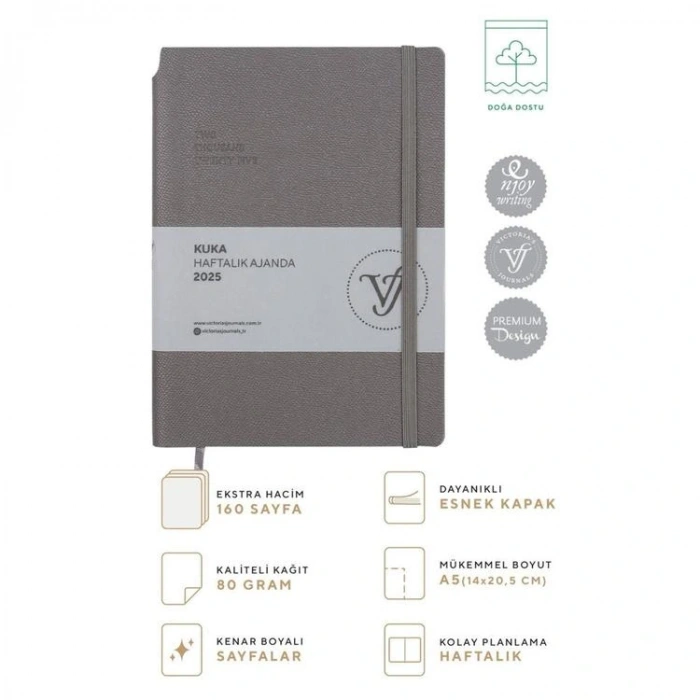 VICTORIAS JOURNALS 124-1437 14X20,5 KUKA HAFTALIK AJANDA A5 - GRİ