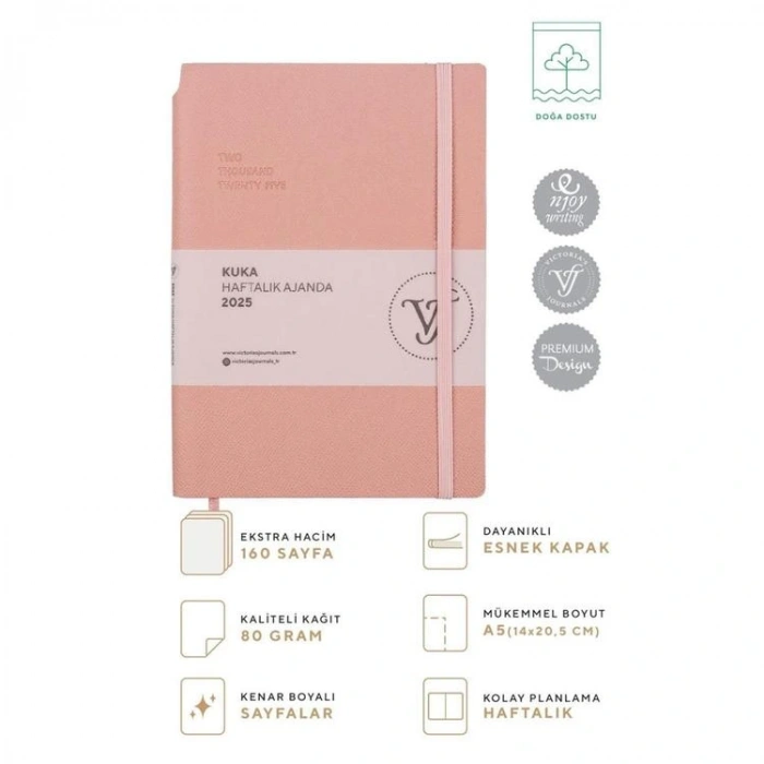 VICTORIAS JOURNALS 124-1435 14X20,5 KUKA HAFTALIK AJANDA A5 - PUDRA PEMBE