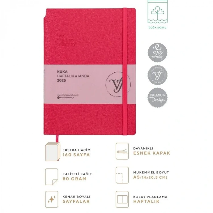 VICTORIAS JOURNALS 124-1468 14X20,5  KUKA GÜNLÜK AJANDA A5 - MAGENTA