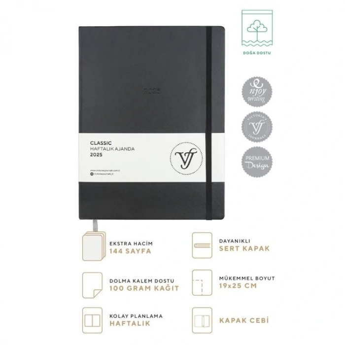 VICTORIAS JOURNALS 124-1401 19X25 SERT KAPAK LASTİKLİ CLASSIC HAFTALIK AJANDA - SİYAH
