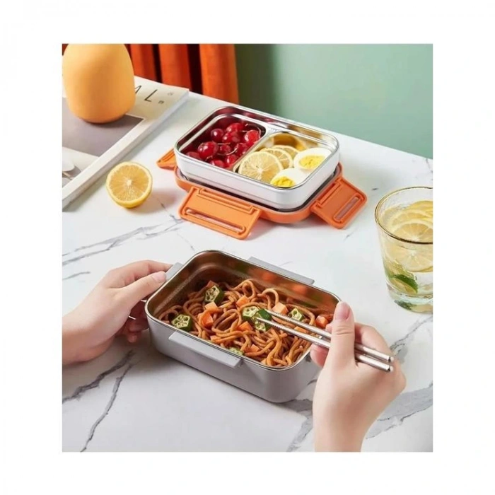 VAGONLIFE BL20182 PASLANMAZ ÇELİK YEMEK KABI - LUNCH BOX 2 KATLI 3 BÖLMELİ 1200 ML TURUNCU