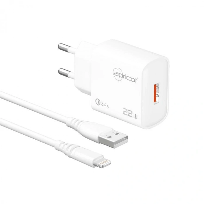 APRİCOT APC-U422L LIGHTNING USB-A 22W 3.4A BEYAZ KABLOLU HIZLI EV ŞARJ ADAPTÖRÜ