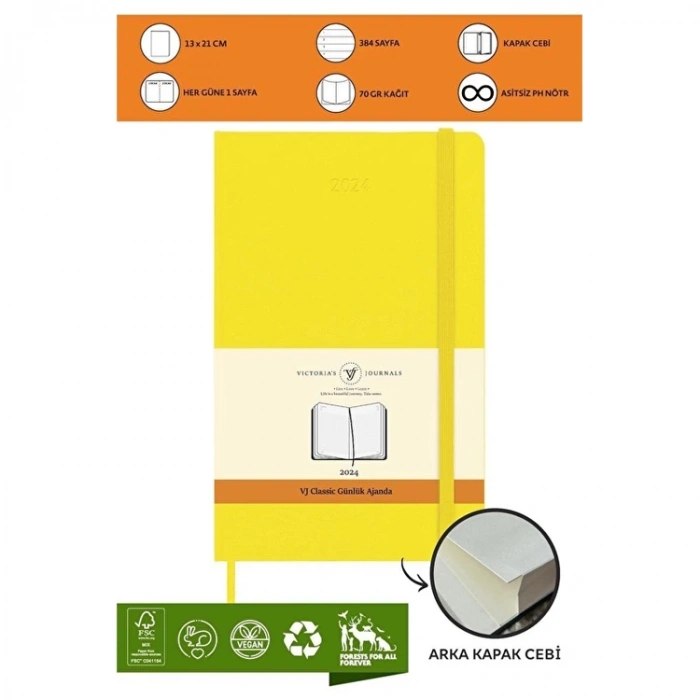 VICTORIAS JOURNALS 9175 13x21cm SERT KAPAK LASTİKLİ CEPLİ CLASSIC GÜNLÜK AJANDA - SARI