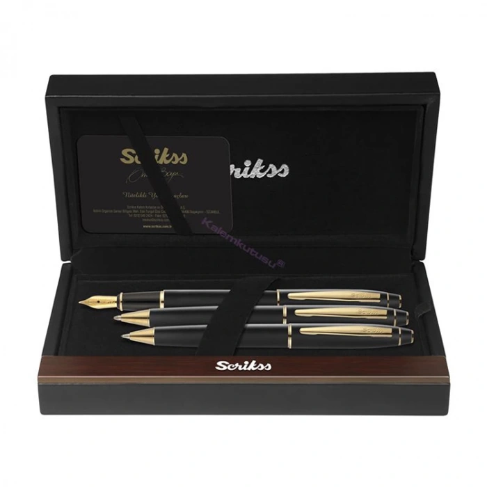 SCRIKSS 35 DOLMAKALEM+TÜKENMEZ+ VERSATİL KALEM 3LÜ TAKIM MAT SİYAH ALTIN