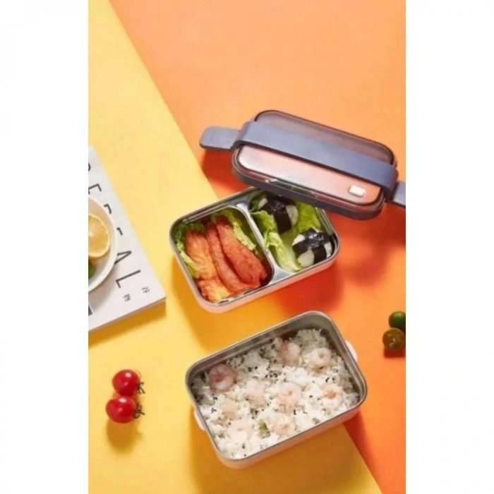 VAGONLIFE BL20183 PASLANMAZ ÇELİK YEMEK KABI - LUNCH BOX 2 KATLI 3 BÖLMELİ 1200 ML MAVİ