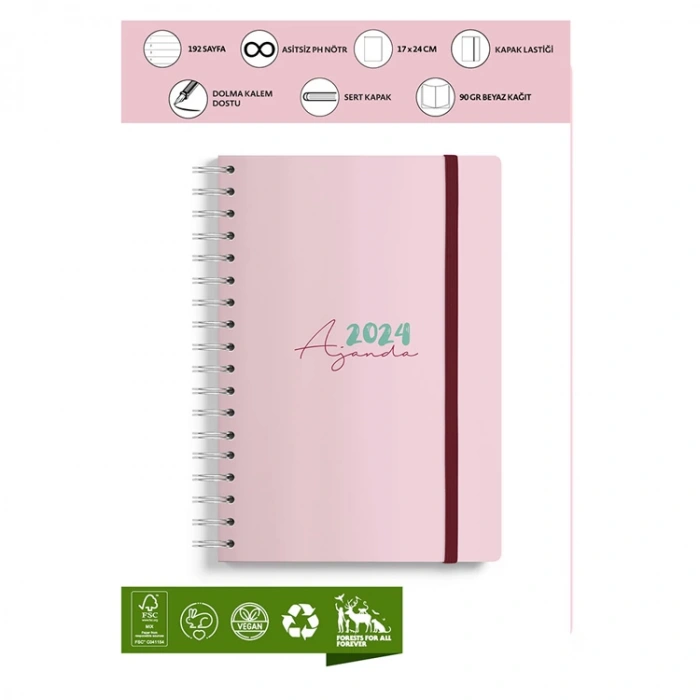 VICTORIAS JOURNALS 9202 17x24cm SERT KAPAK LASTİKLİ CEPLİ SPİRALLİ HAFTALIK AJANDA - PEMBE