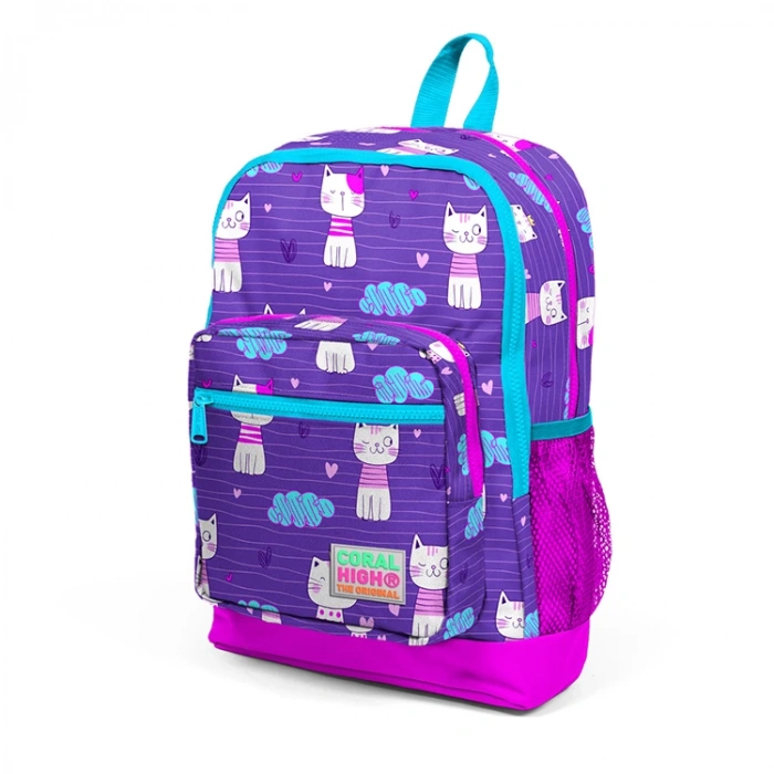 CORAL HIGH 23464 KİDS MOR PEMBE KEDİ DESENLİ DÖRT BÖLMELİ OKUL SIRT ÇANTASI