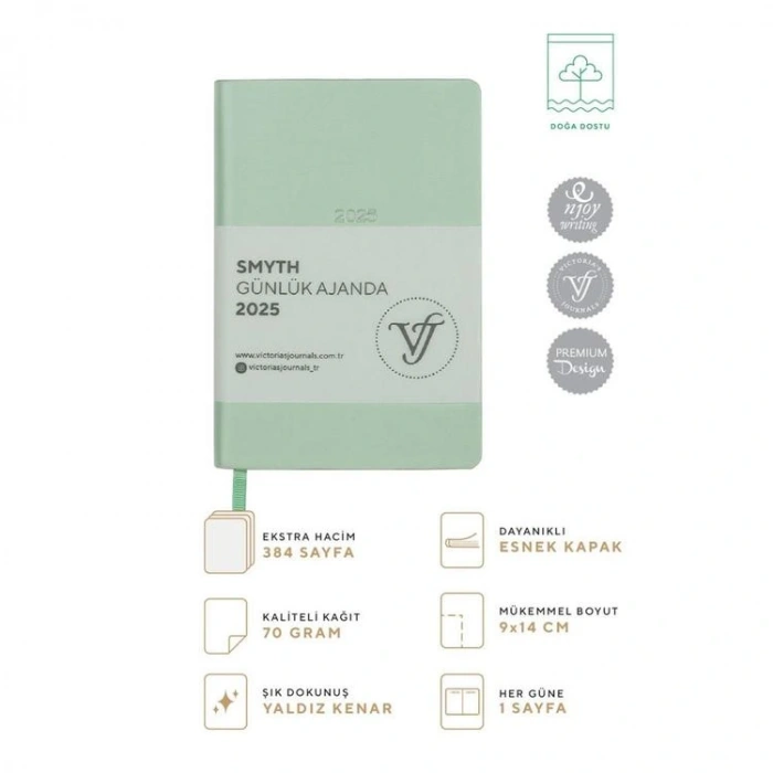 VICTORIAS JOURNALS 124-1498 9X14 SMYTH LASTİKLİ GÜNLÜK AJANDA A5 - SU YEŞİLİ