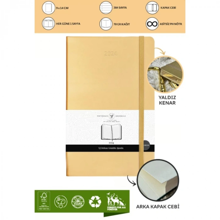 VICTORIAS JOURNALS 9193 9x14cm SERT KAPAK LASTİKLİ CEPLİ DE LUXE GÜNLÜK AJANDA - KENARI YALDIZLI ALTIN