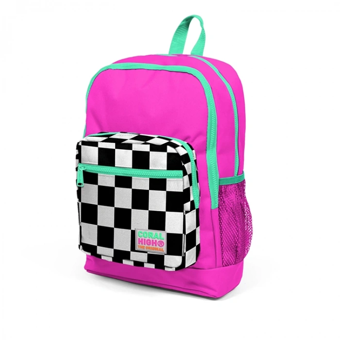CORAL HIGH 23701 KİDS NEON PEMBE DAMA DESENLİ DÖRT BÖLMELİ SIRT ÇANTASI