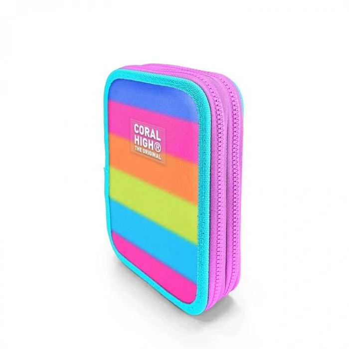 CORAL HIGH KIDS 11140 RENKLİ ÇİZGİLİ ÇİFT KATLI KALEM ÇANTASI