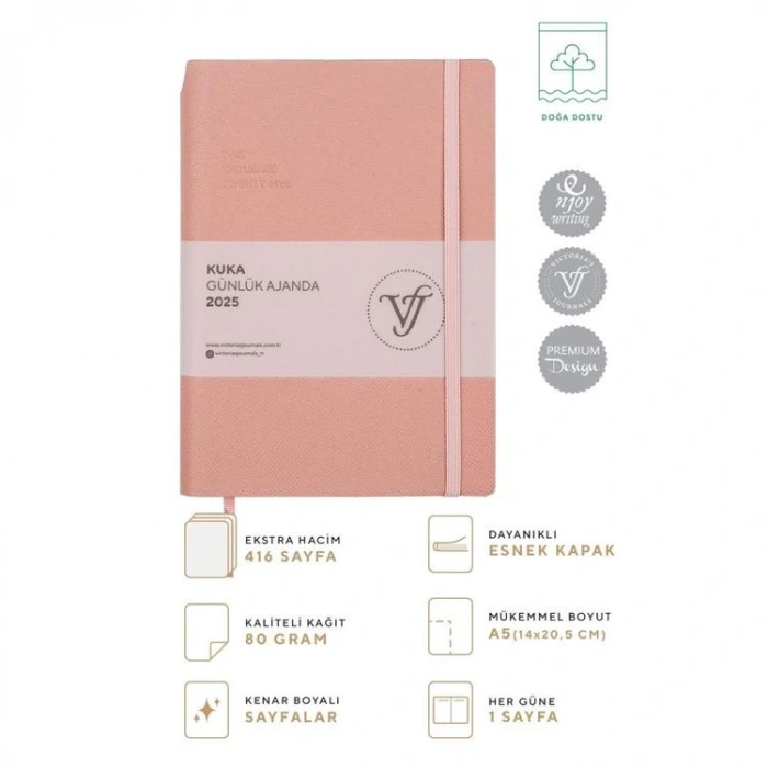 VICTORIAS JOURNALS 124-1465 14X20,5  KUKA GÜNLÜK AJANDA A5 - PUDRA PEMBE