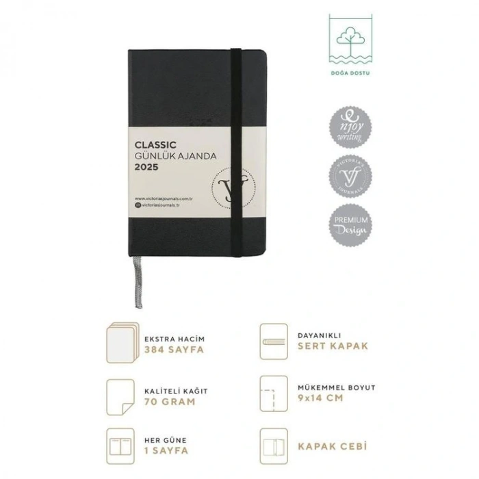 VICTORIAS JOURNALS 124-1483  9X14 CLASSIC LASTİKLİ GÜNLÜK AJANDA A5 - SİYAH