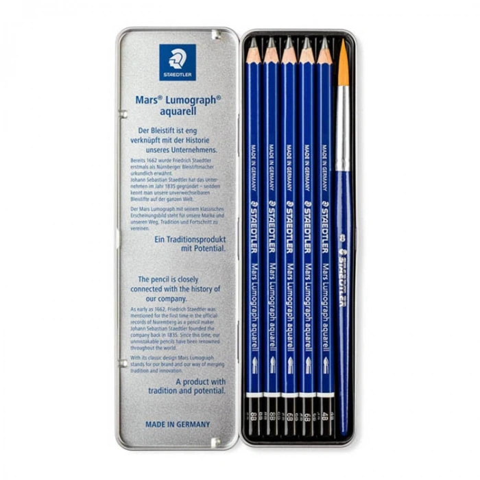 STAEDTLER 100 G6 MARS LUMOGRAPH AQUARELL DERECELİ KURŞUN KALEM SETİ 5Lİ+ FIRÇA METAL KUTU