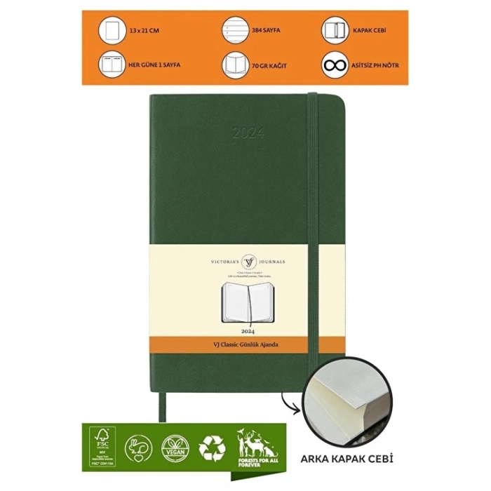 VICTORIAS JOURNALS 9172 13x21cm SERT KAPAK LASTİKLİ CEPLİ CLASSIC GÜNLÜK AJANDA - YEŞİL