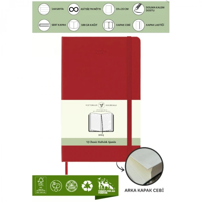 VICTORIAS JOURNALS 9148 19x25cm SERT KAPAK LASTİKLİ CEPLİ CLASSIC HAFTALIK AJANDA - KIRMIZI