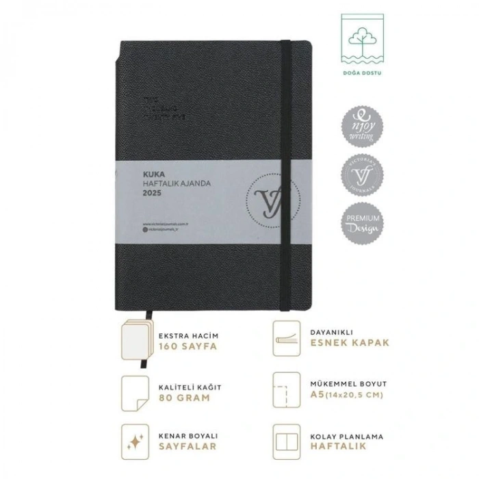 VICTORIAS JOURNALS 124-1429 14X20,5 KUKA HAFTALIK AJANDA A5 - SİYAH