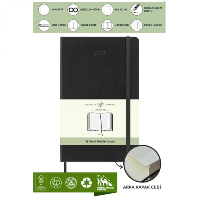 VICTORIAS JOURNALS 9146 19x25cm SERT KAPAK LASTİKLİ CEPLİ CLASSIC HAFTALIK AJANDA - SİYAH