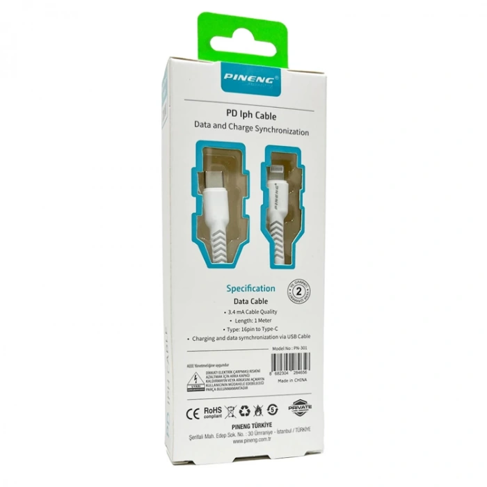 PİNENG PN-301 20W PD LİGHTNİNG TO TYPE-C 1M 3.4A BEYAZ HIZLI DATA ŞARJ