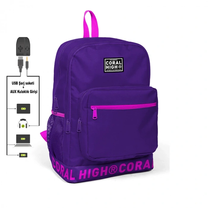 YAYGAN CORAL HIGH 24109 USB + AUX SOKETLİ LAPTOP BÖLMELİ SIRT ÇANTASI MOR