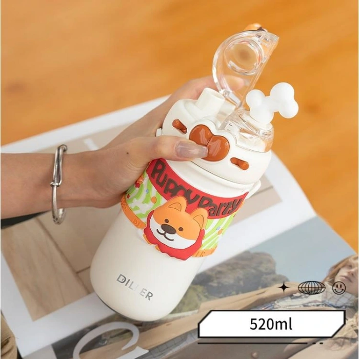 VAGONLİFE DILLER PASLANMAZ ÇELİK PİPETLİ/PİPETSİZ KULLANIM ÇİFT KAPAKLI MATARA/TERMOS D9239 520ML SEVİMLİ KÖPEK