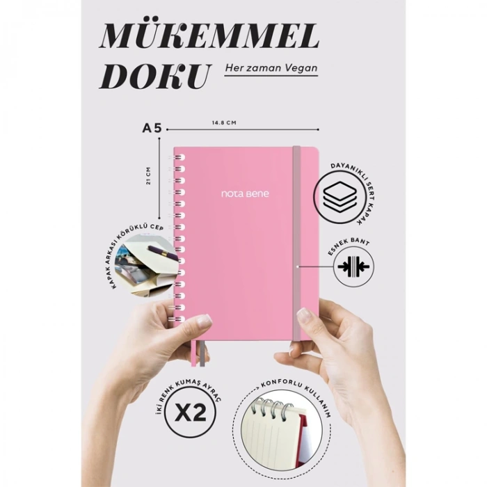 VICTORIAS JOURNALS NOTE BENE 9265 PREMIUM NOTEBOOK SPİRALLİ SERT KAPAK A5 100gr.160 SYF. ÇİZGİLİ DEFTER PEMBE